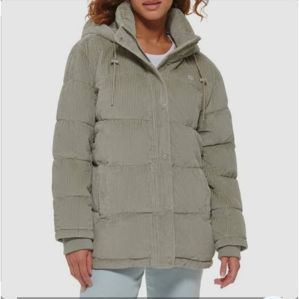 Womens Medium Hooded Puffer Jacket Green Curduroy Pockets Levis Insulated